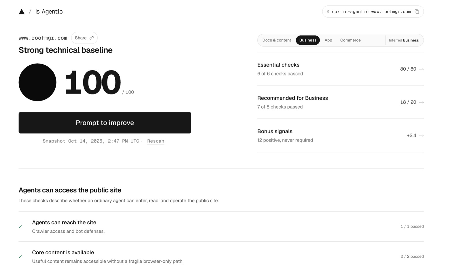 Is Agentic AI-readiness scan of the Roof Manager website showing a score of 100 out of 100, with 6 of 6 essential checks passed